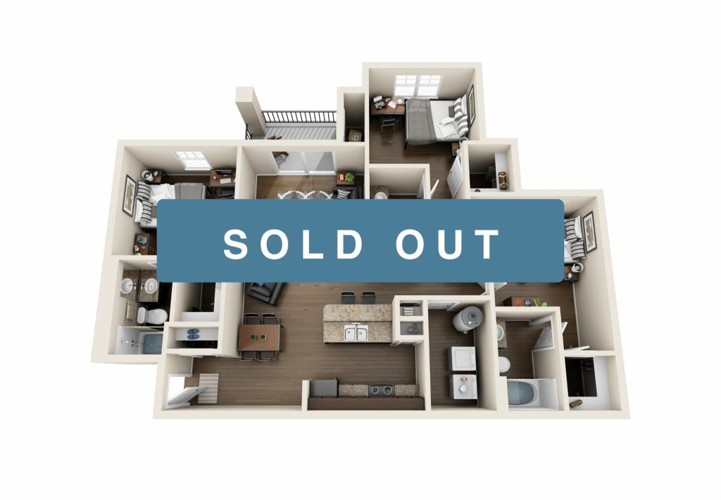 A 3D image of the 3 Bed / 3 Bath floorplan, a 1182 squarefoot, 3 bed / 3 bath unit