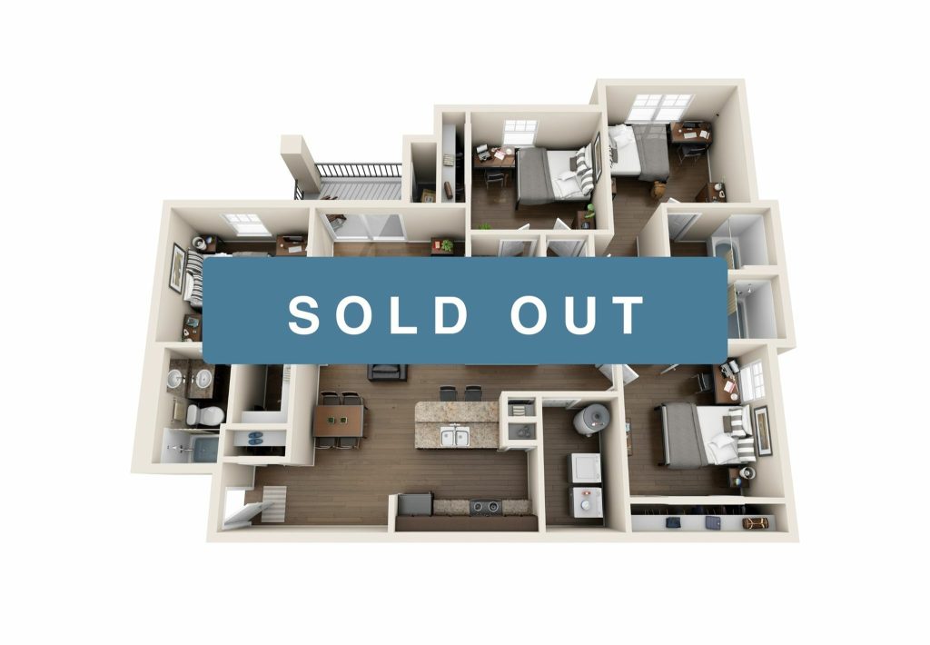 A 3D image of the 4 Bed / 4 Bath floorplan, a 1396 squarefoot, 4 bed / 4 bath unit