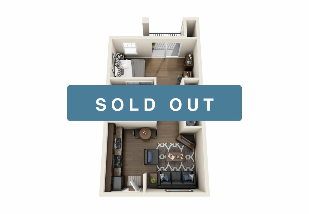 A 3D image of the Studio floorplan, a 556 squarefoot, 0 bed / 1 bath unit