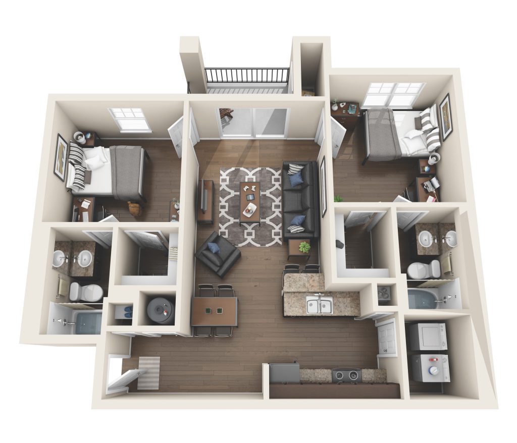 A 3D image of the 2 Bed / 2 Bath floorplan, a 876 squarefoot, 2 bed / 2 bath unit