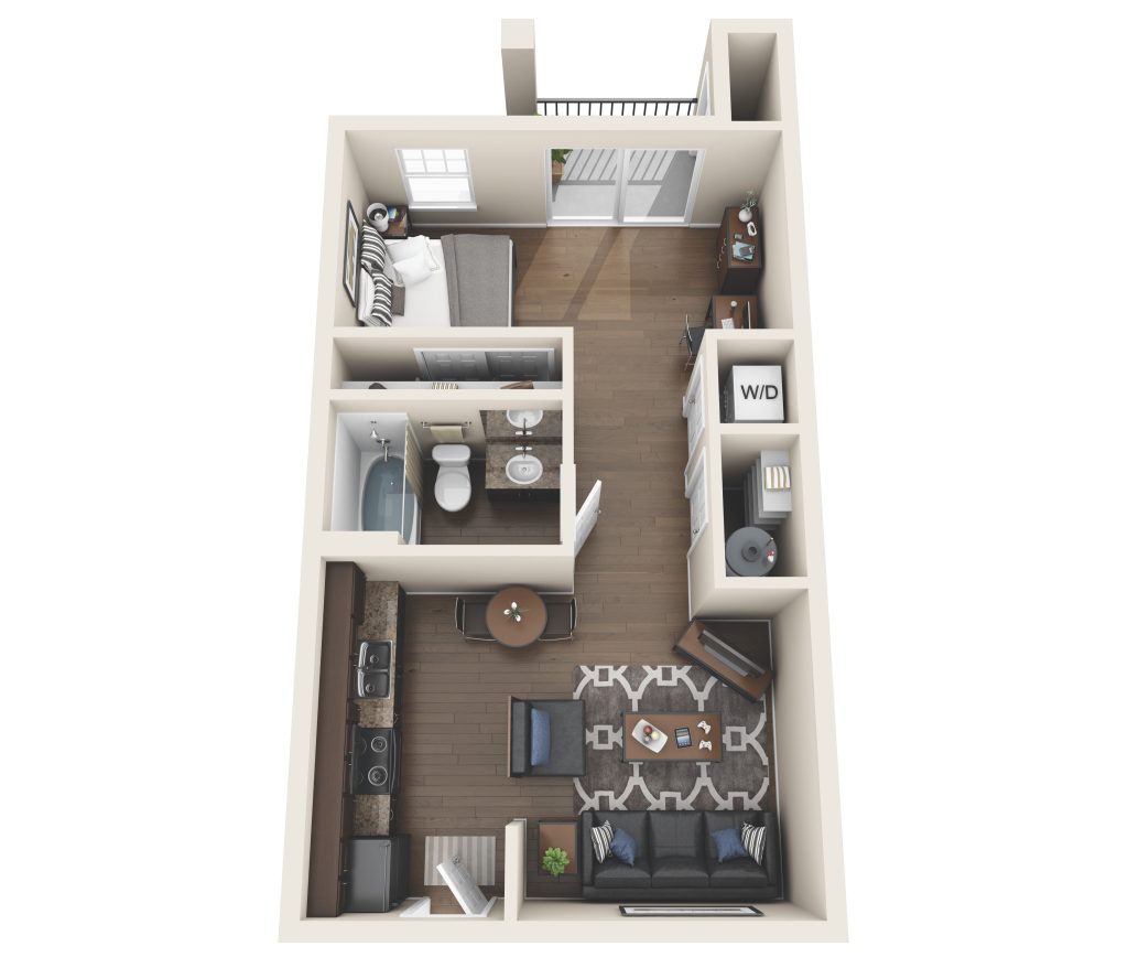 A 3D image of the Studio floorplan, a 556 squarefoot, 0 bed / 1 bath unit
