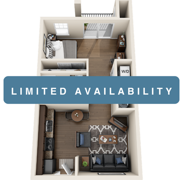 A 3D image of the Studio floorplan, a 556 squarefoot, 0 bed / 1 bath unit