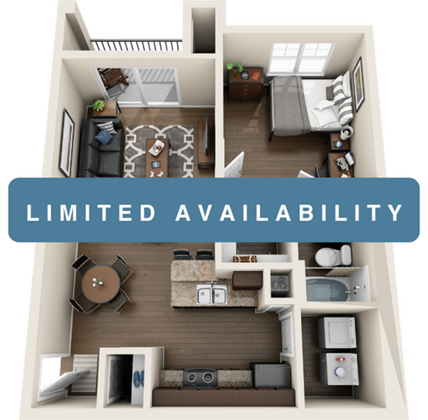 A 3D image of the 1 Bed / 1 Bath floorplan, a 620 squarefoot, 1 bed / 1 bath unit