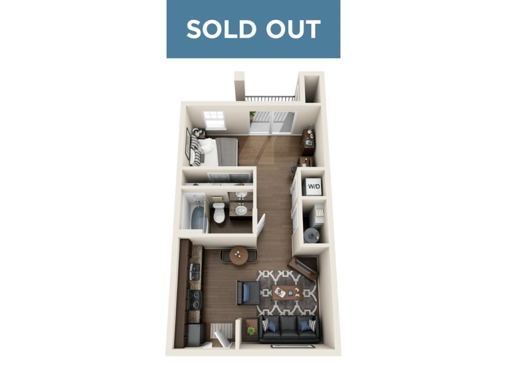 A 3D image of the Studio floorplan, a 556 squarefoot, 0 bed / 1 bath unit