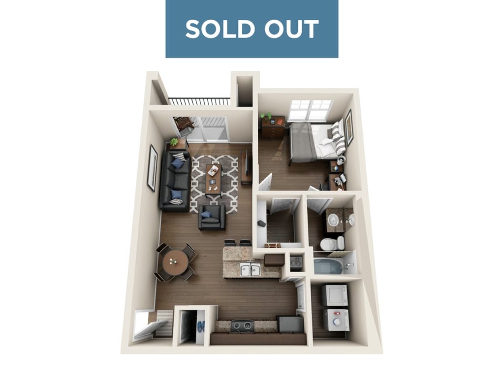 A 3D image of the 1 Bed / 1 Bath floorplan, a 620 squarefoot, 1 bed / 1 bath unit