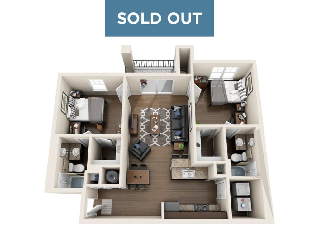 A 3D image of the 2 Bed / 2 Bath floorplan, a 876 squarefoot, 2 bed / 2 bath unit