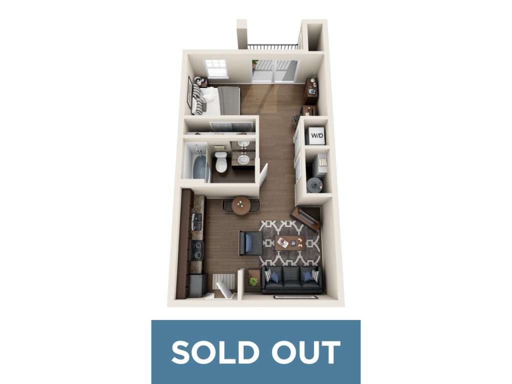 A 3D image of the Studio floorplan, a 556 squarefoot, 0 bed / 1 bath unit