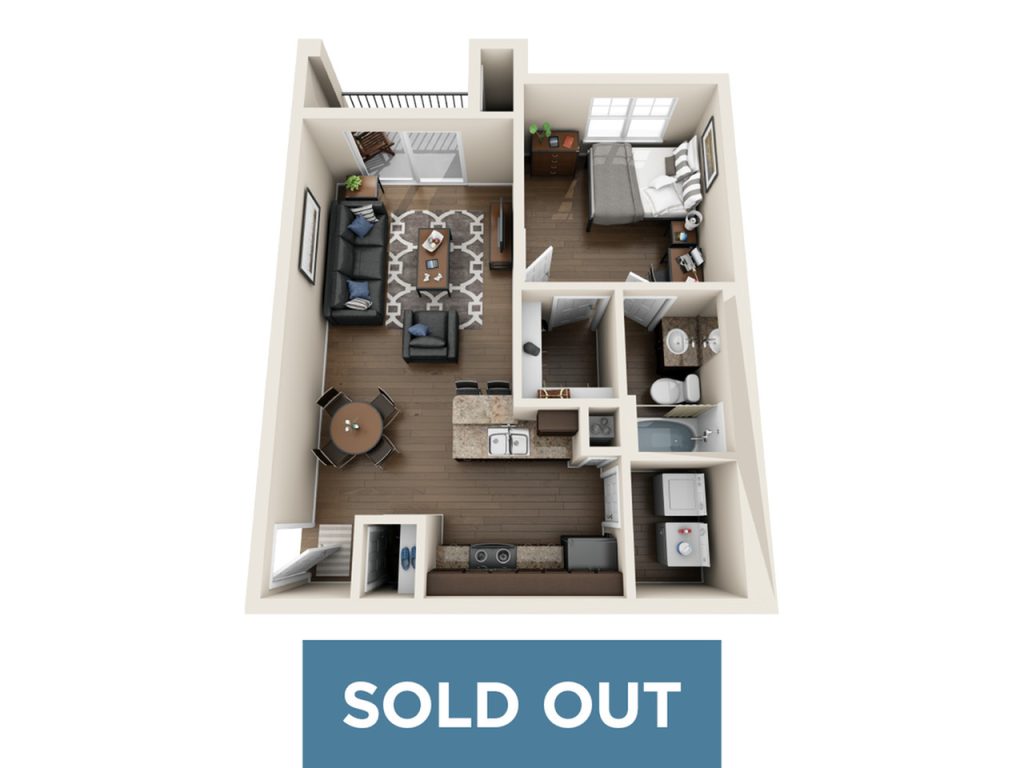 A 3D image of the 1 Bed / 1 Bath floorplan, a 620 squarefoot, 1 bed / 1 bath unit