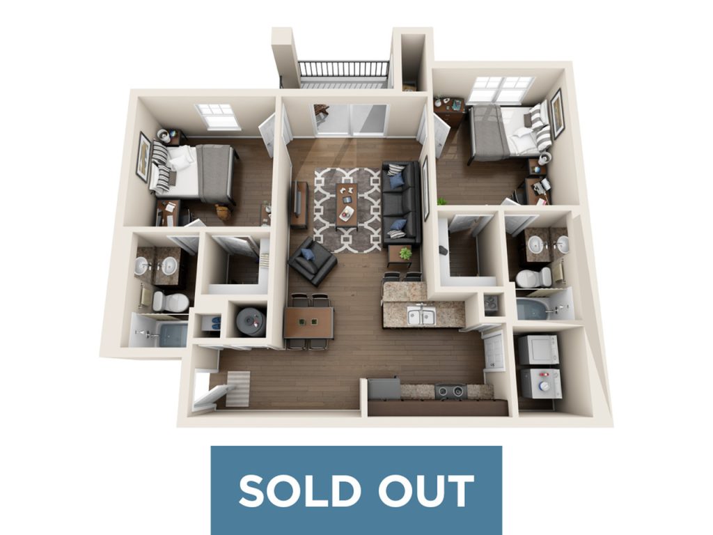 A 3D image of the 2 Bed / 2 Bath floorplan, a 876 squarefoot, 2 bed / 2 bath unit