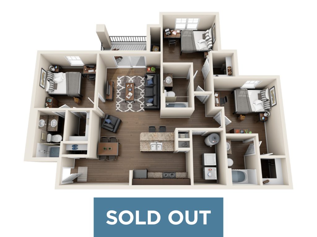 A 3D image of the 3 Bed / 3 Bath floorplan, a 1182 squarefoot, 3 bed / 3 bath unit