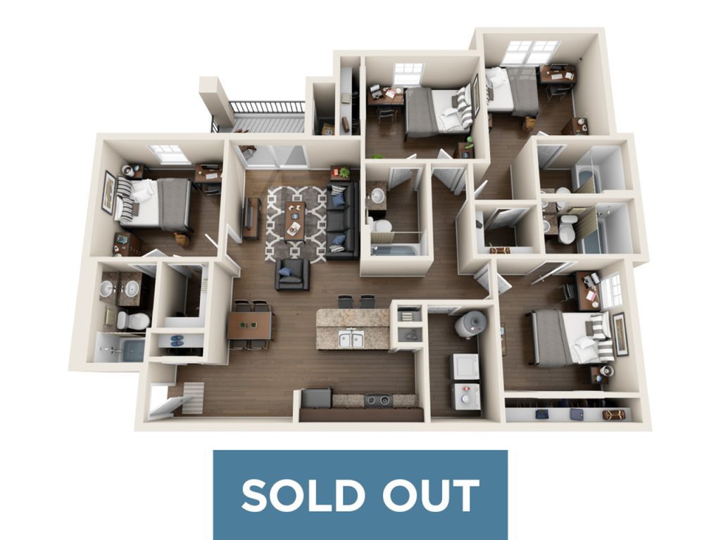 A 3D image of the 4 Bed / 4 Bath floorplan, a 1396 squarefoot, 4 bed / 4 bath unit