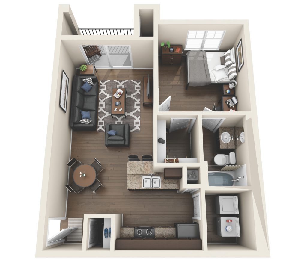 A 3D image of the 1 Bed / 1 Bath floorplan, a 620 squarefoot, 1 bed / 1 bath unit